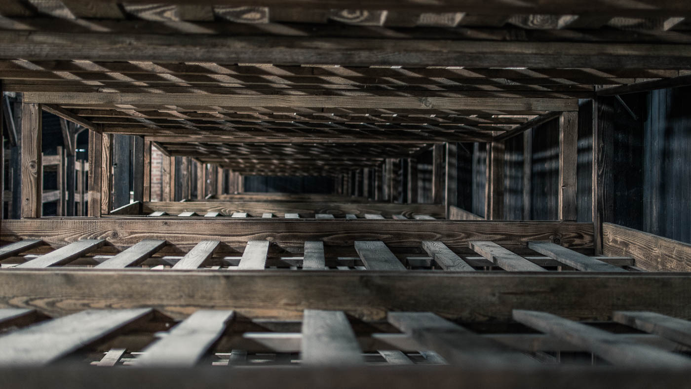 Inside a barrack at Auschwitz II-Birkenau.